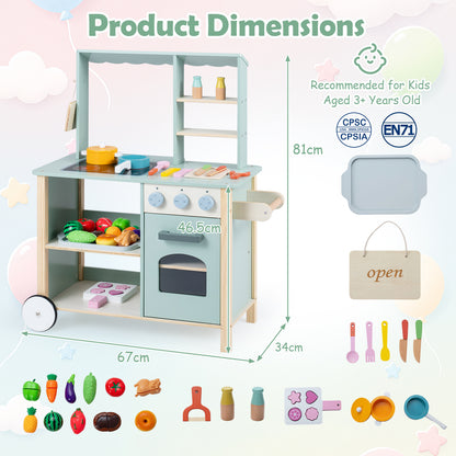 Green Wooden Play Kitchen With Oven Stove & Rolling Wheels