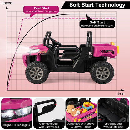Pink 12V 2-Seater Kids Ride On Dump Truck With Shovel | RC