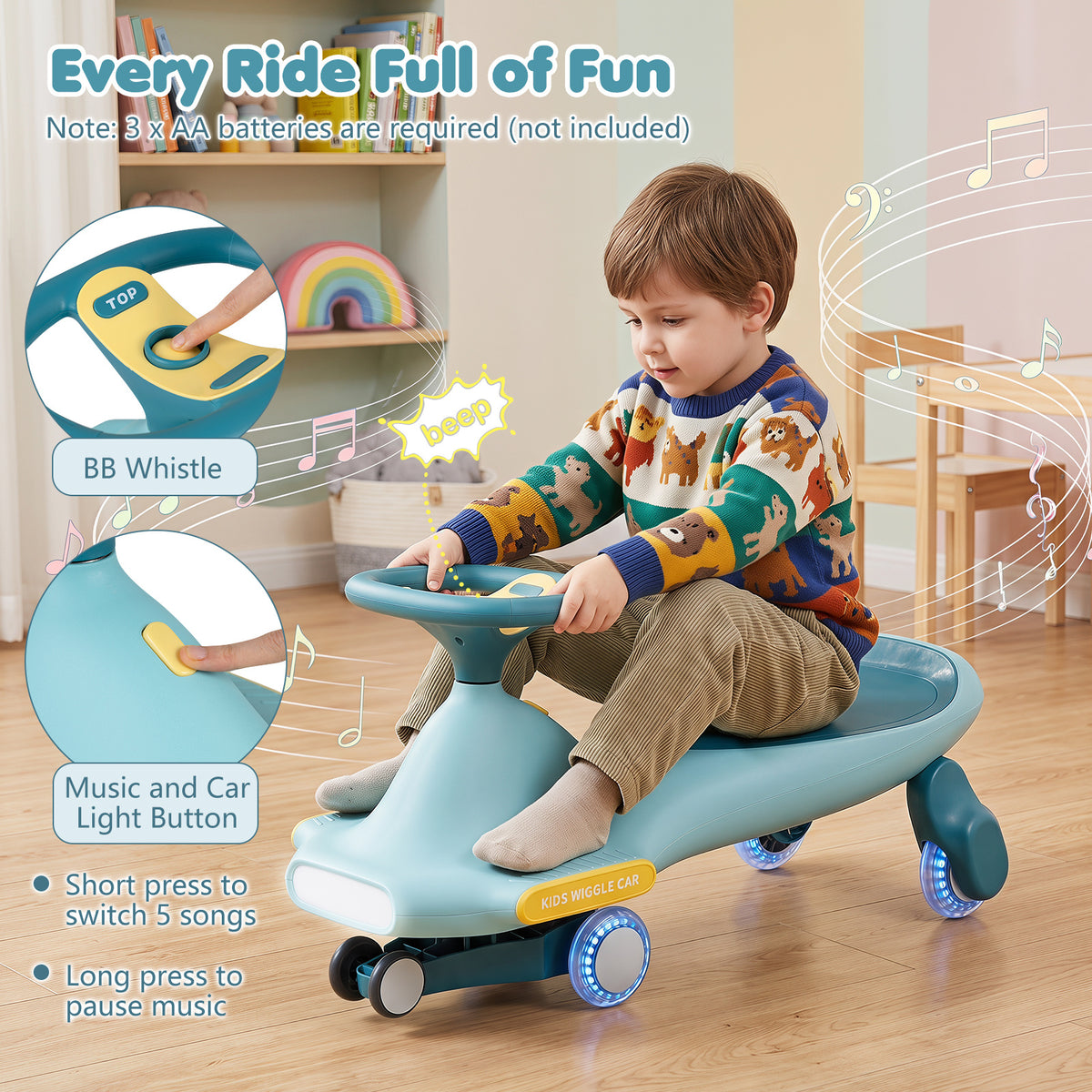 Blue Wiggle Car for Kids | LED Wheels Music and Horn