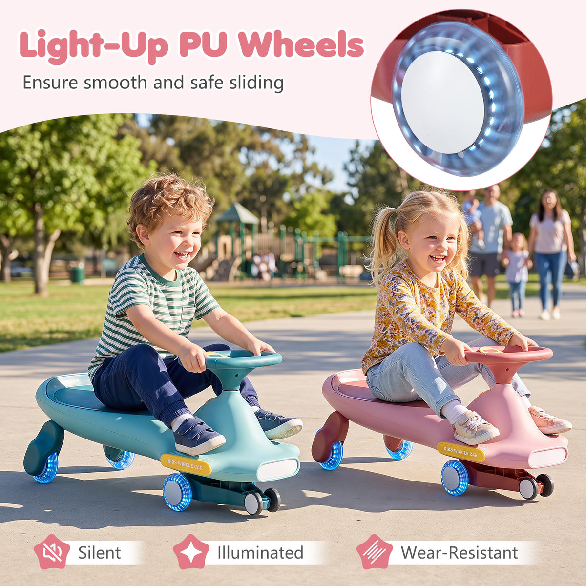 Pink Wiggle Car for Kids | LED Wheels Music and Horn
