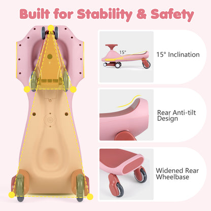 Pink Wiggle Car for Kids | LED Wheels Music and Horn