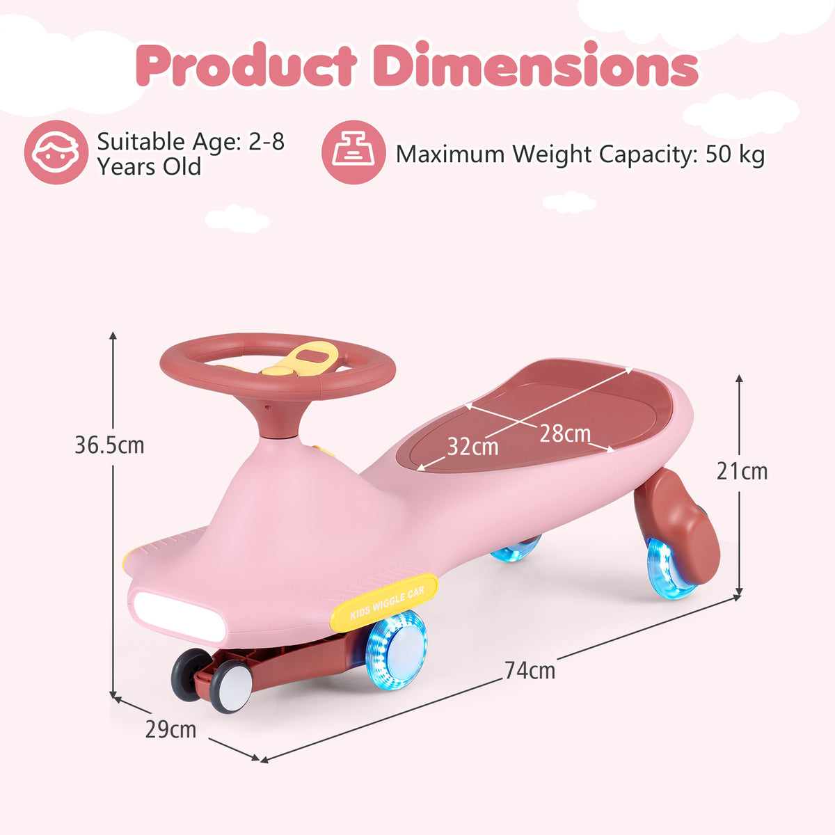 Pink Wiggle Car for Kids | LED Wheels Music and Horn