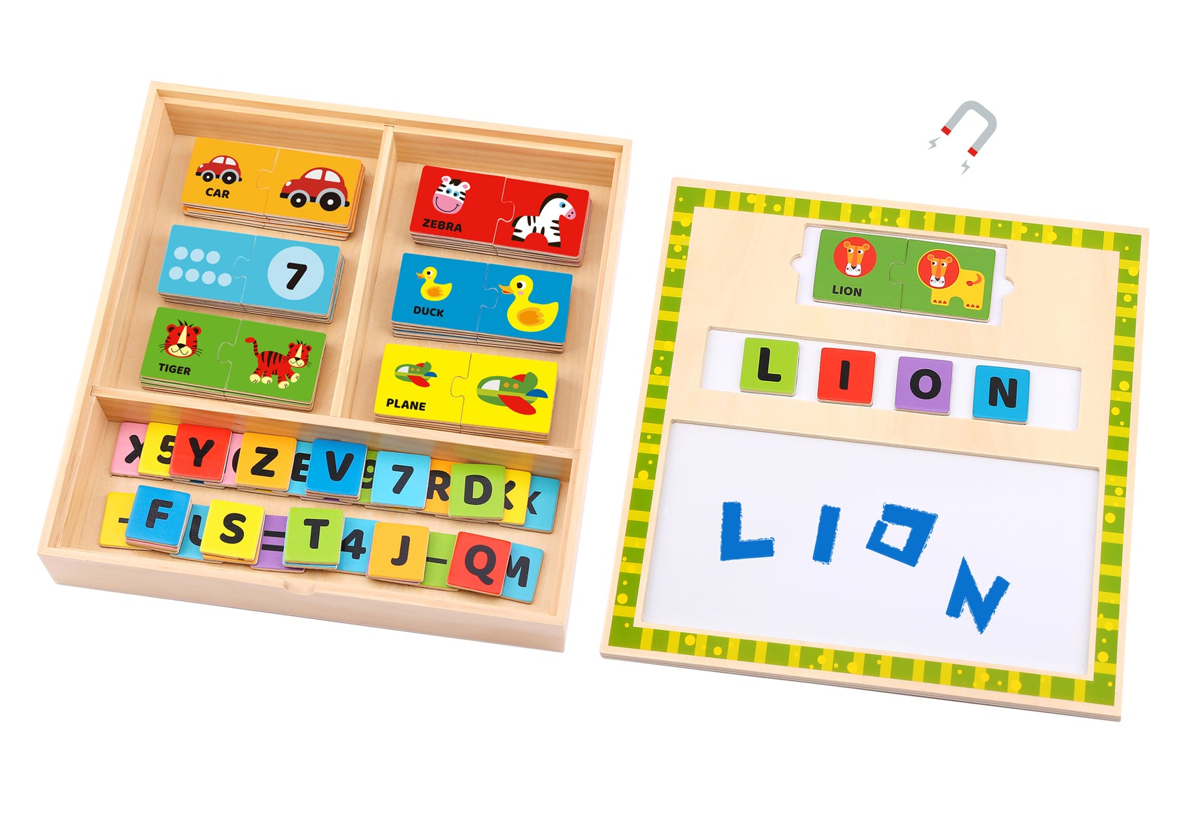 Colorful alphabet magnetic puzzle box for interactive and educational learning at home.