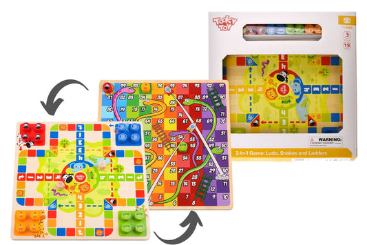 Dual-sided wooden board game with Ludo and Snakes and Ladders for kids interactive play at home