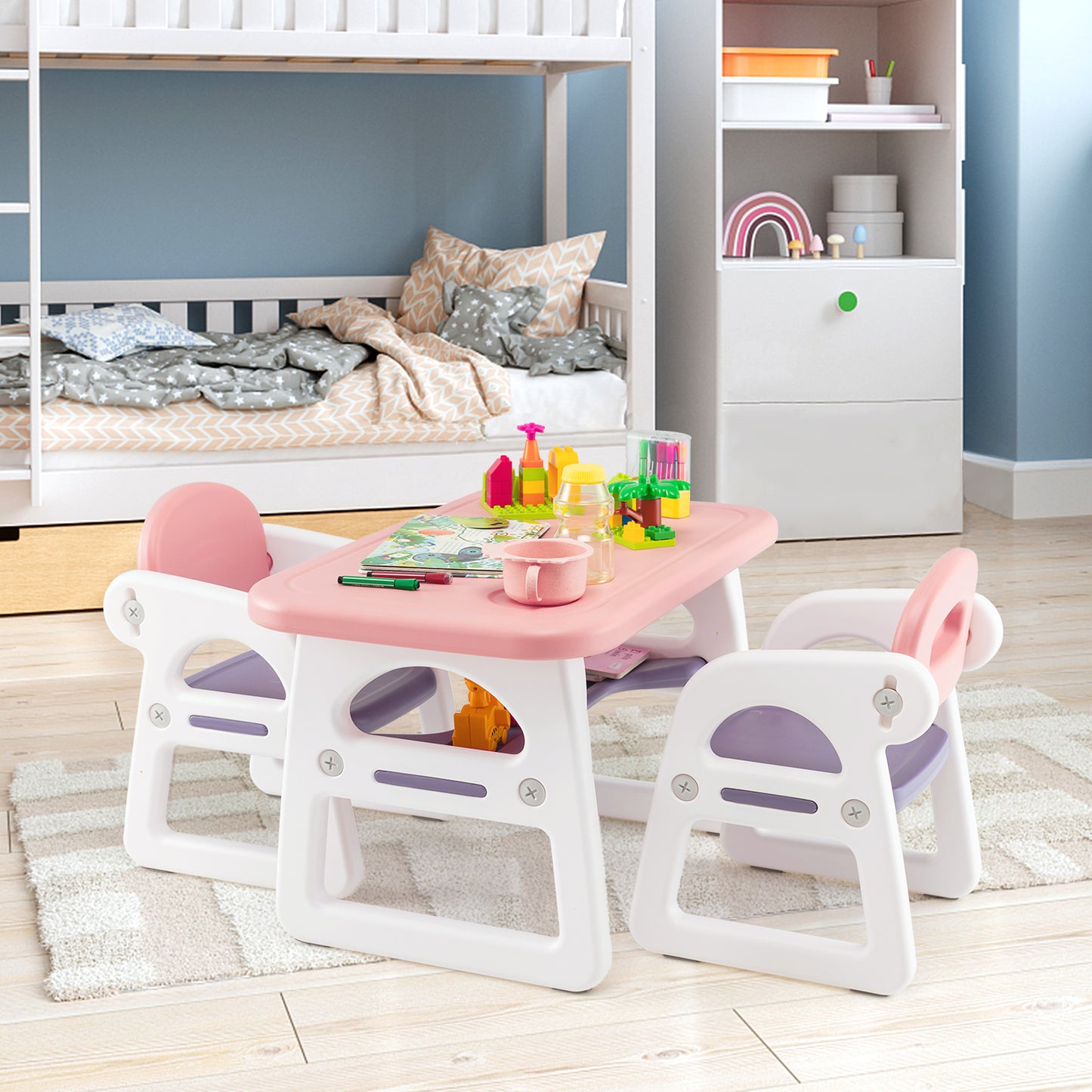 Costway Kids Table and Chairs Set with 2 Chairs for Kids-Pink