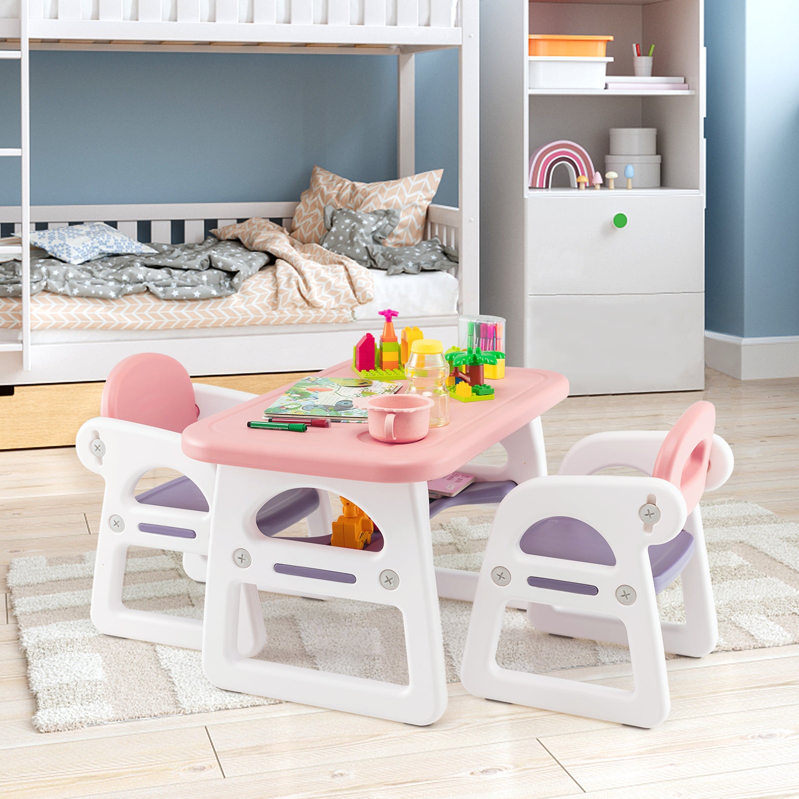 Costway Kids Table and Chairs Set with 2 Chairs for Kids-Pink