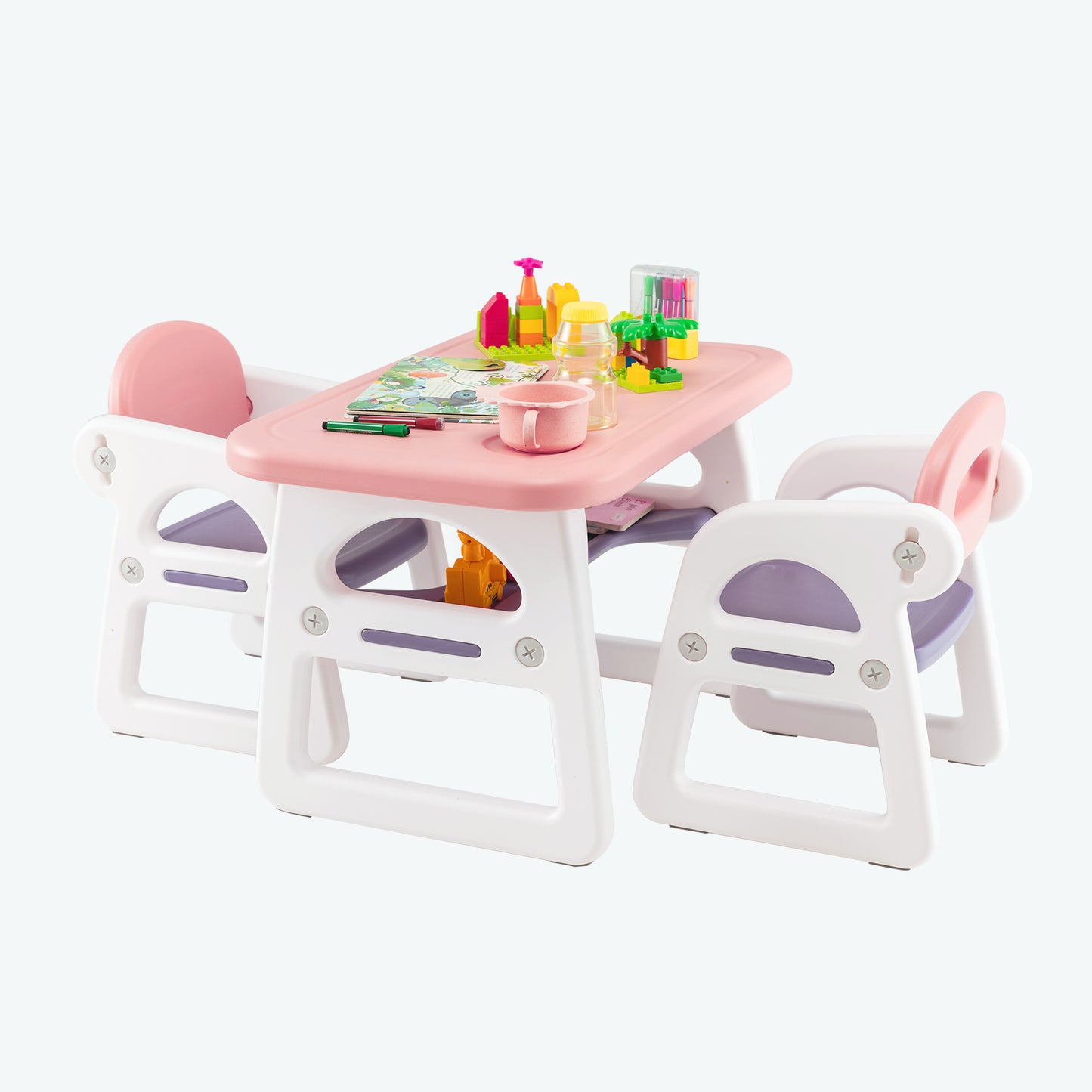 Pink Kids Table & 2 Chairs Set | Spacious Desktop & Storage