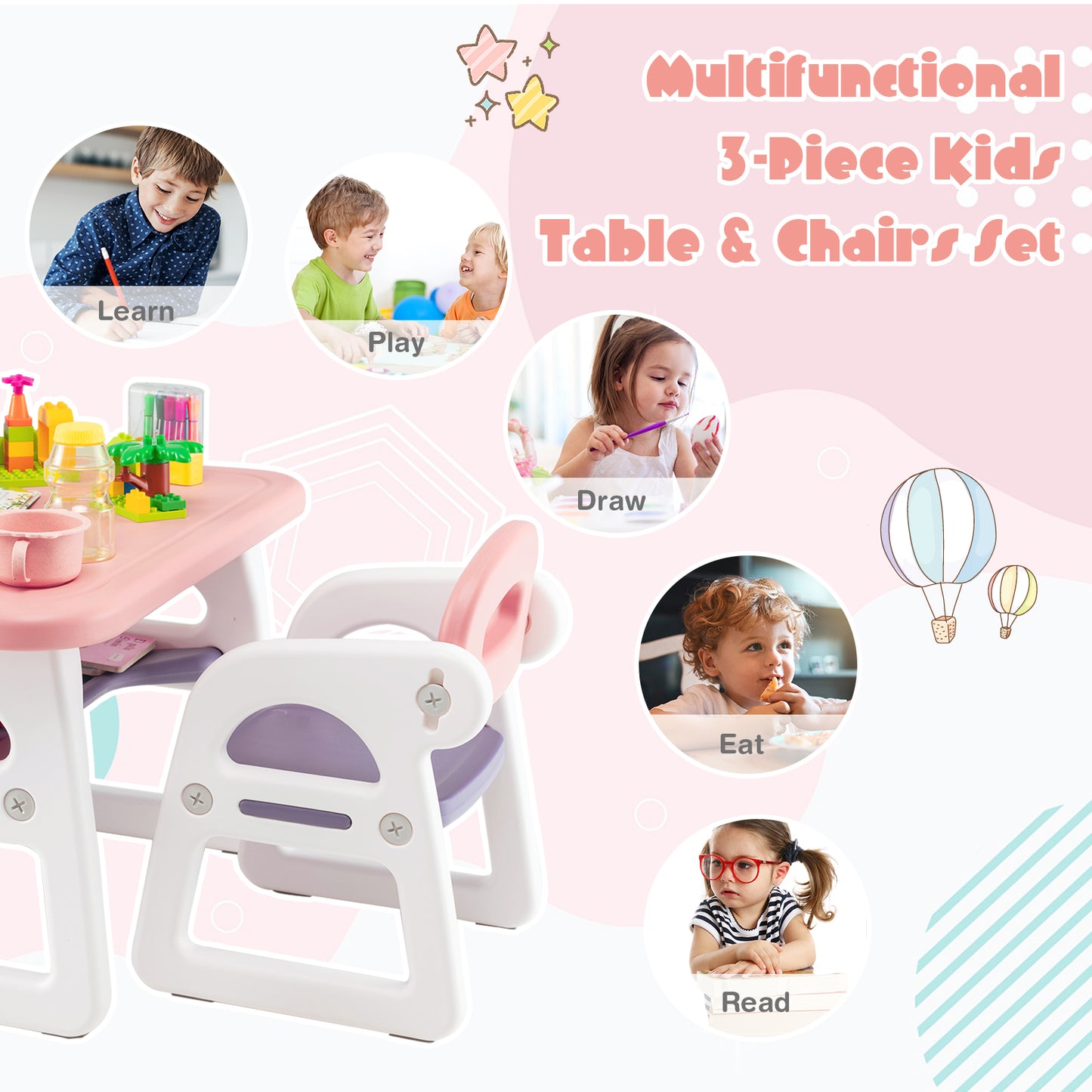 Pink Kids Table & 2 Chairs Set | Spacious Desktop & Storage