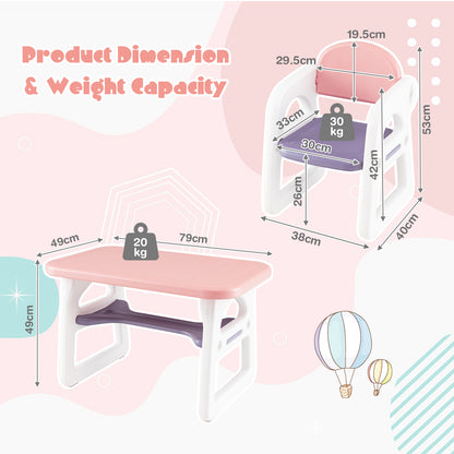 Pink Kids Table & 2 Chairs Set | Spacious Desktop & Storage