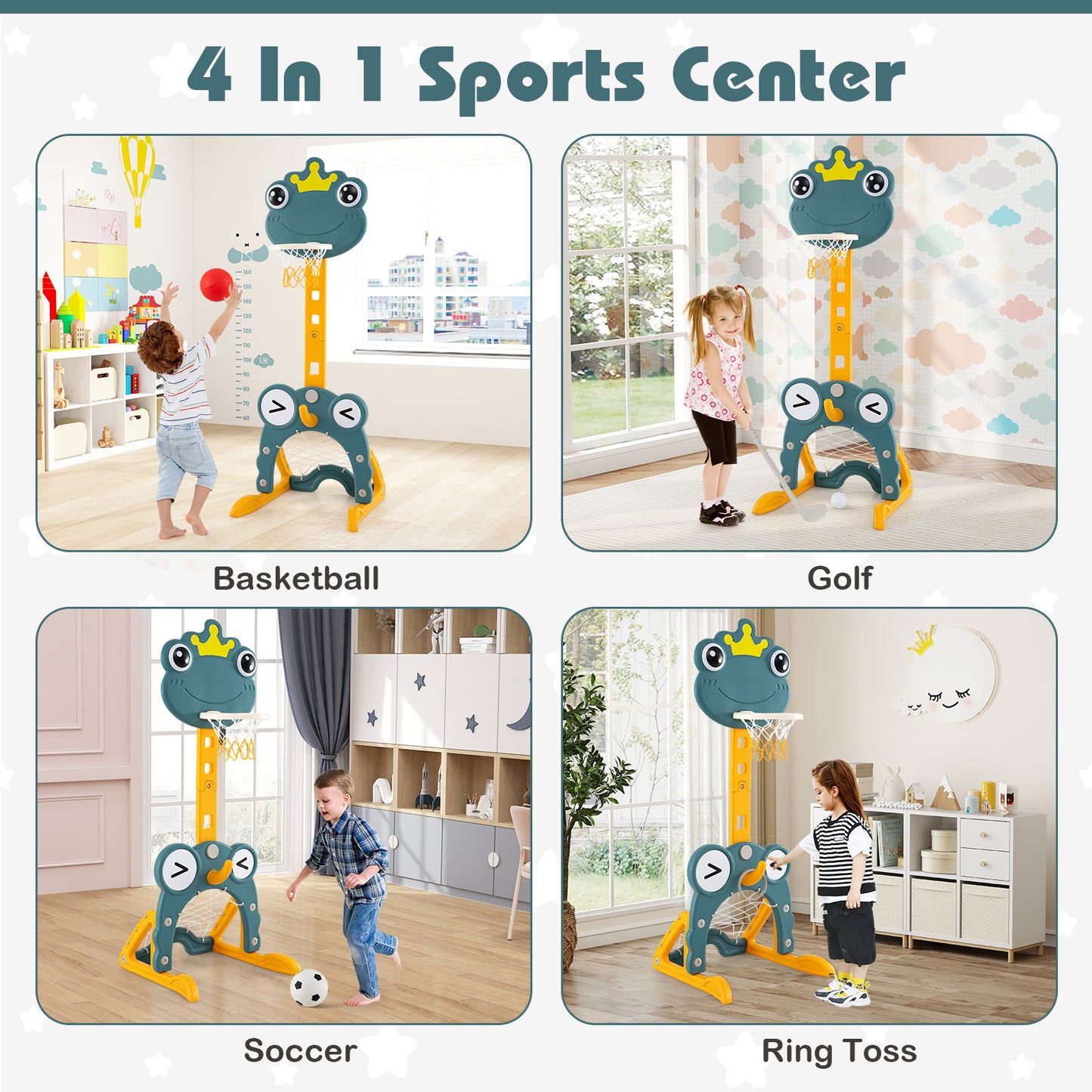 4-In-1 Kids Basketball Hoop Set | Green Yellow Toddler Sports