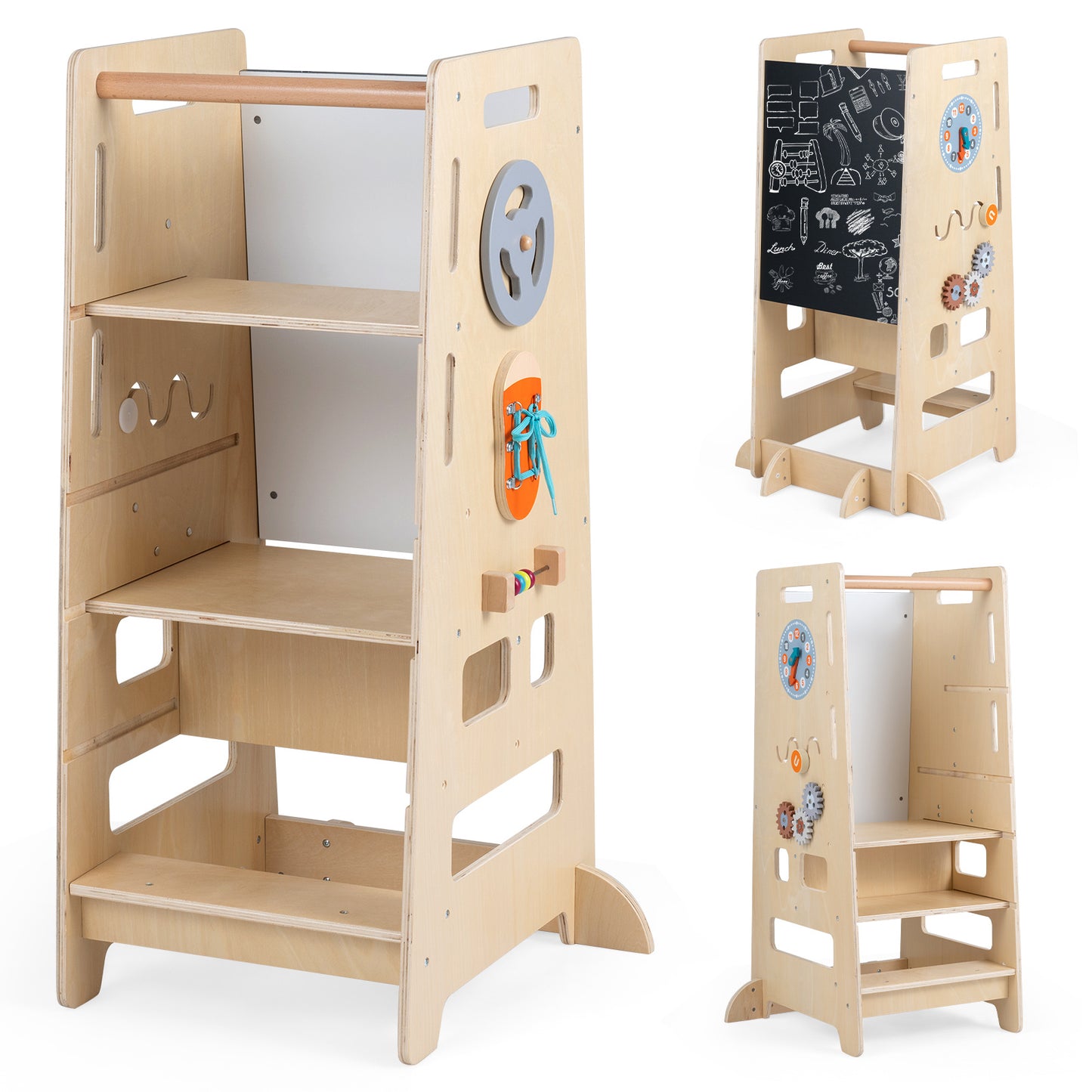 Costway Toddler Standing Tower with Adjustable Height and Blackboard-Natural