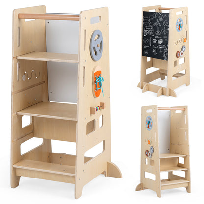 Costway Toddler Standing Tower with Adjustable Height and Blackboard-Natural