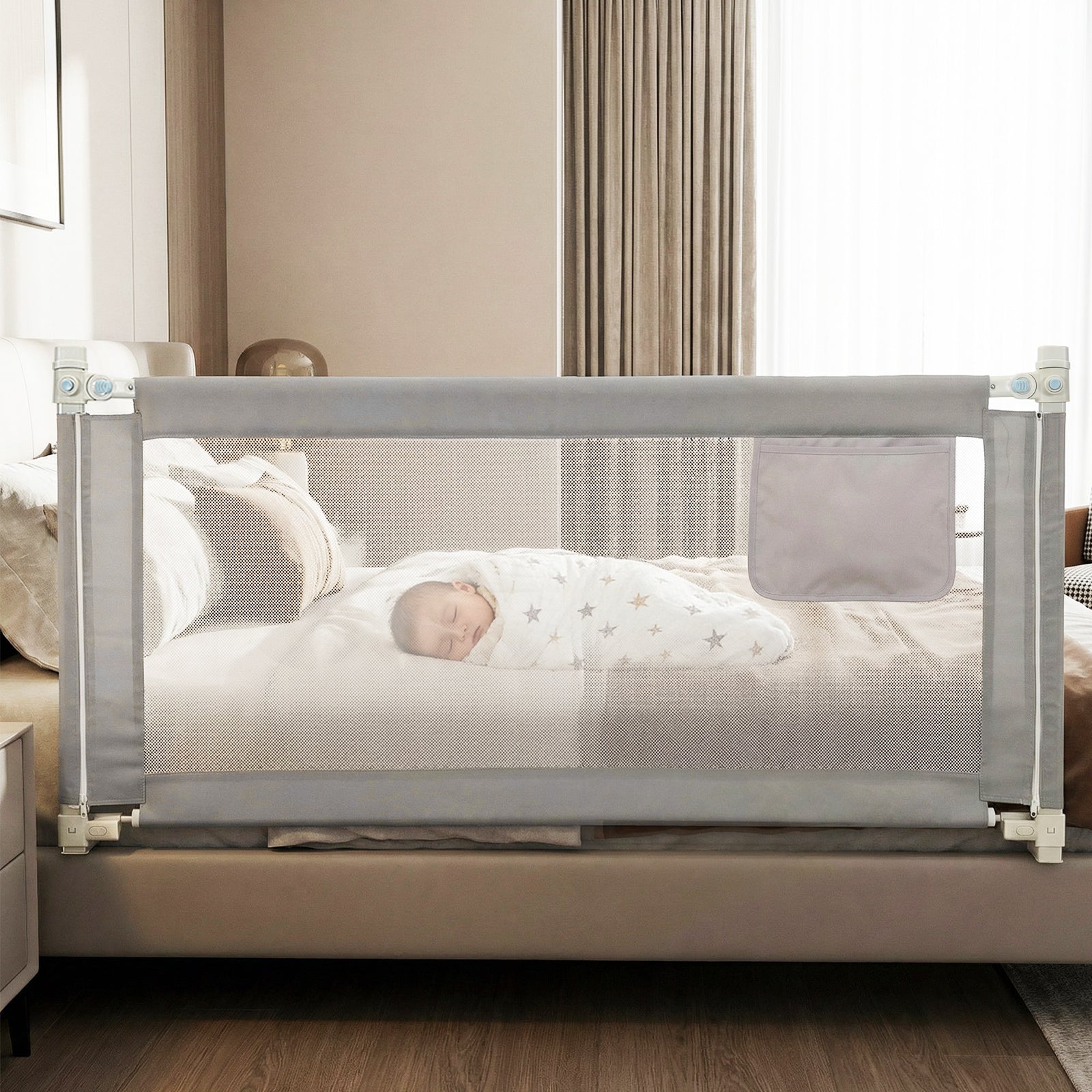 Costway Bed Rail for Toddlers Vertical Lift Adjustable with Storage Pocket-Grey