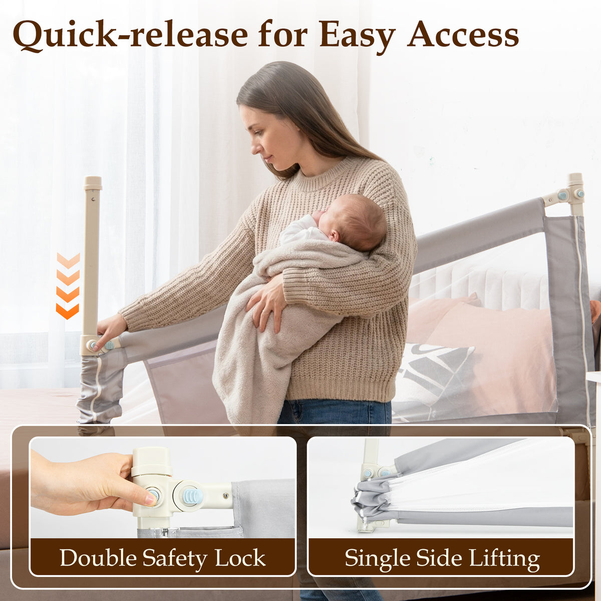 Grey Toddler Bed Rail | Adjustable Height Storage Pocket Lift