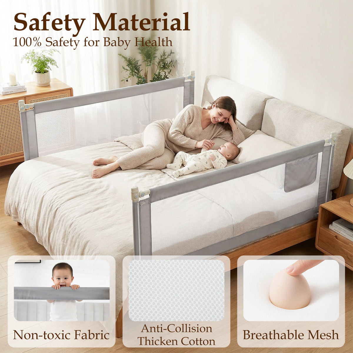 Grey Toddler Bed Rail | Adjustable Height Storage Pocket Lift