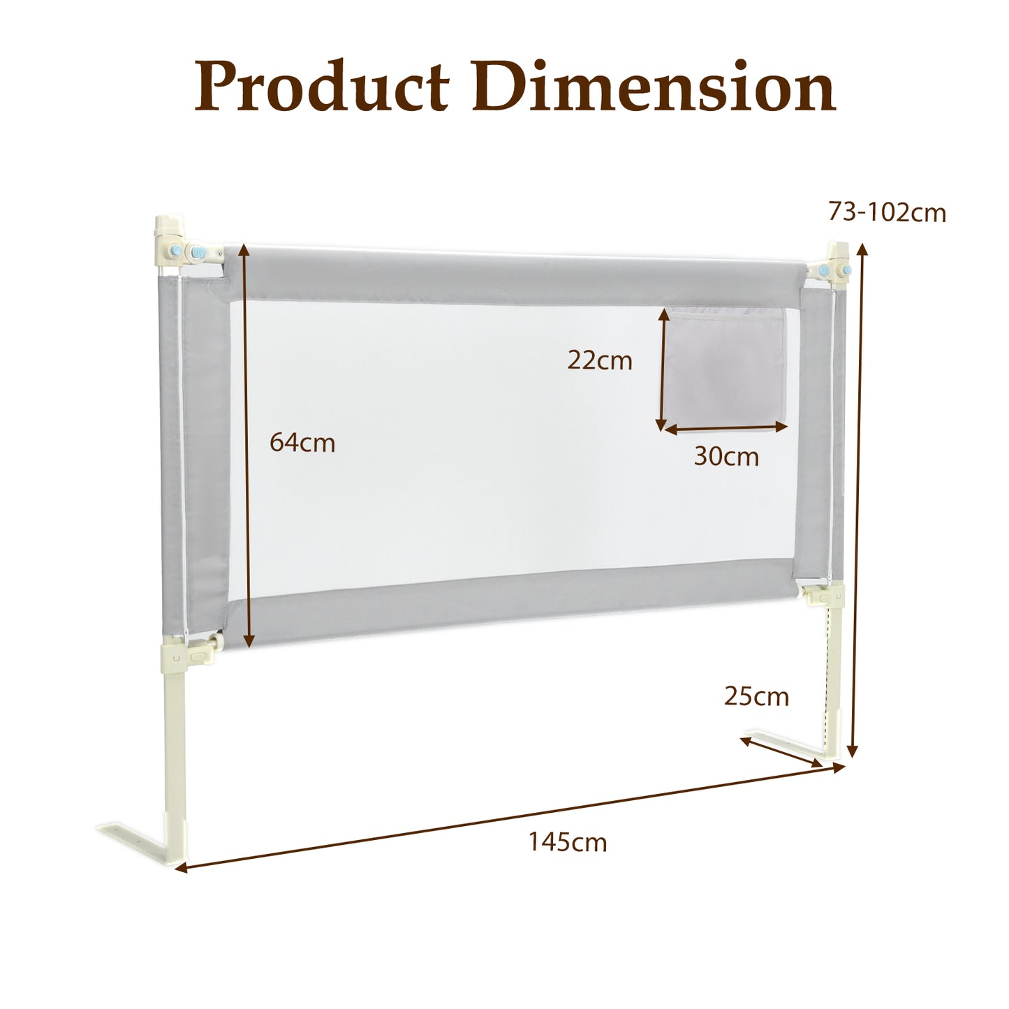 Grey Toddler Bed Rail | Adjustable Height Storage Pocket Lift