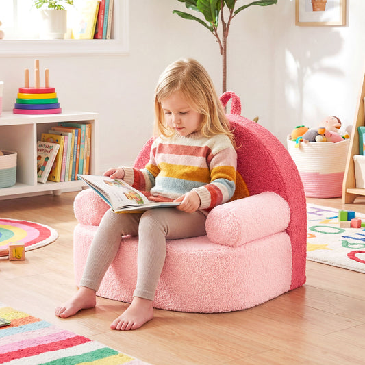Kids Foam Sofa | Teddy Fleece Cover | Pink Rainbow Reading Chair