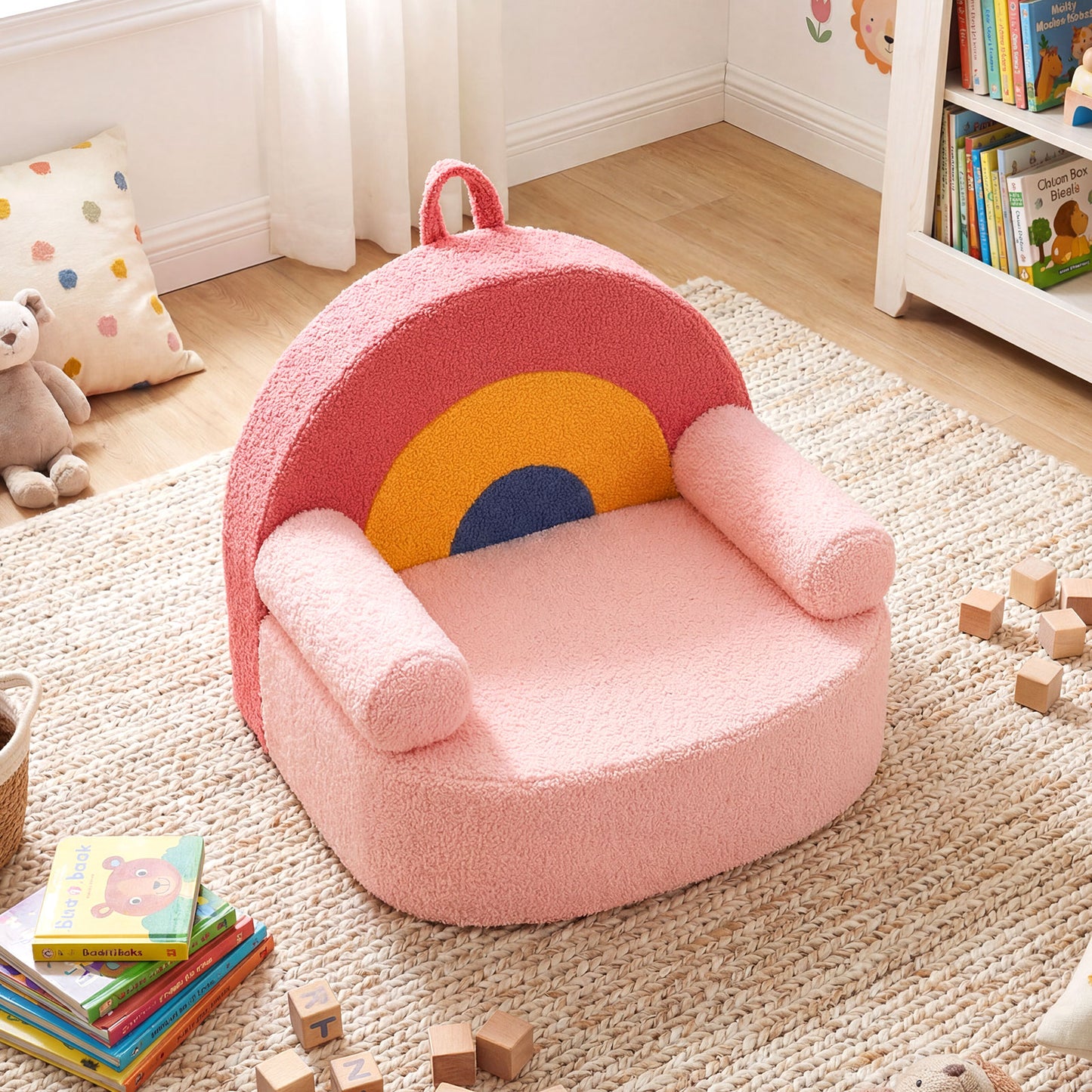 Kids Foam Sofa | Teddy Fleece Cover | Pink Rainbow Reading Chair