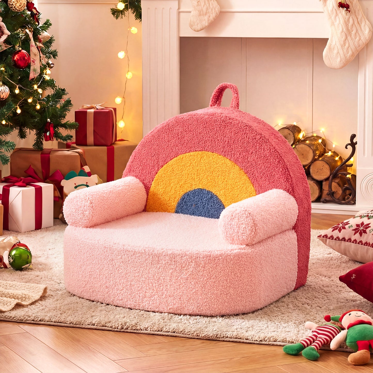 Kids Foam Sofa | Teddy Fleece Cover | Pink Rainbow Reading Chair