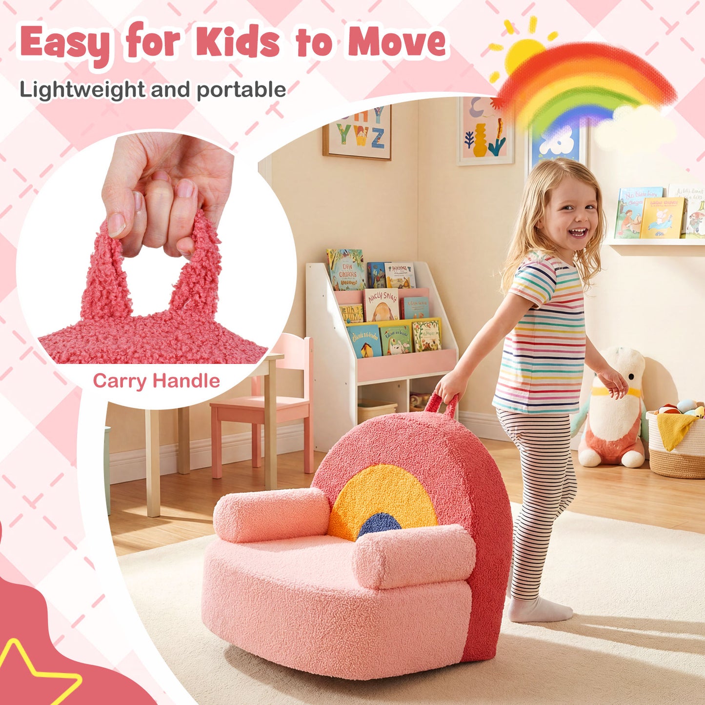 Kids Foam Sofa | Teddy Fleece Cover | Pink Rainbow Reading Chair