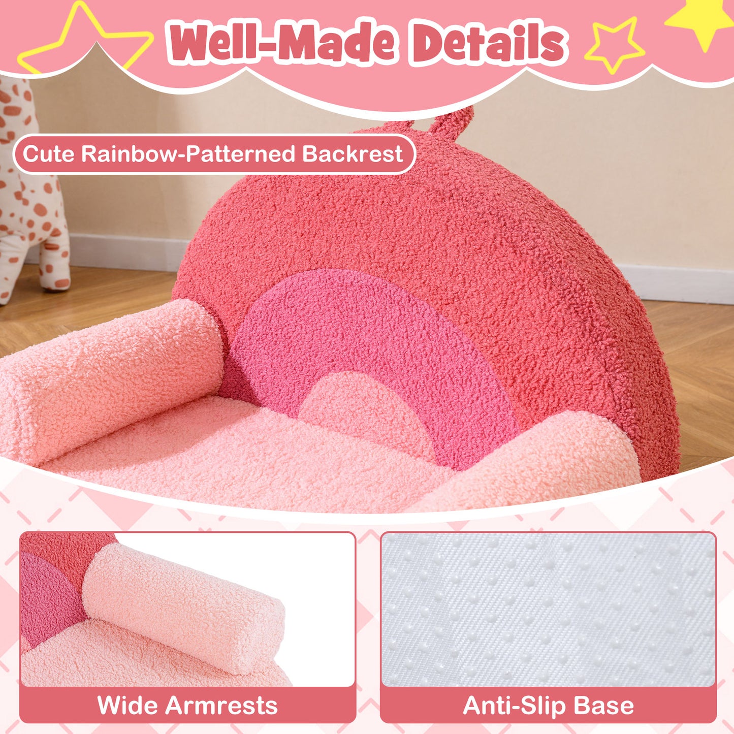 Pink Kids Foam Couch | Teddy Fleece Toddler Chair Portable