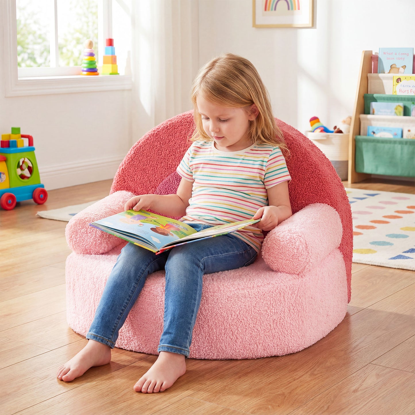 Pink Kids Foam Couch | Teddy Fleece Toddler Chair Portable