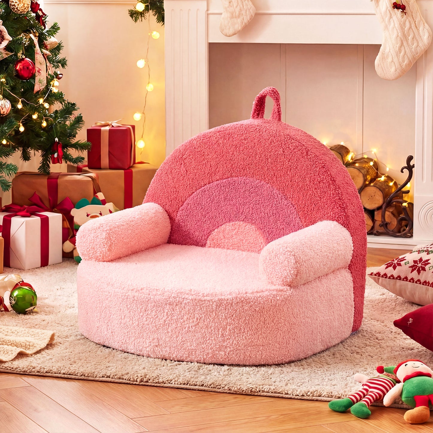 Pink Kids Foam Couch | Teddy Fleece Toddler Chair Portable