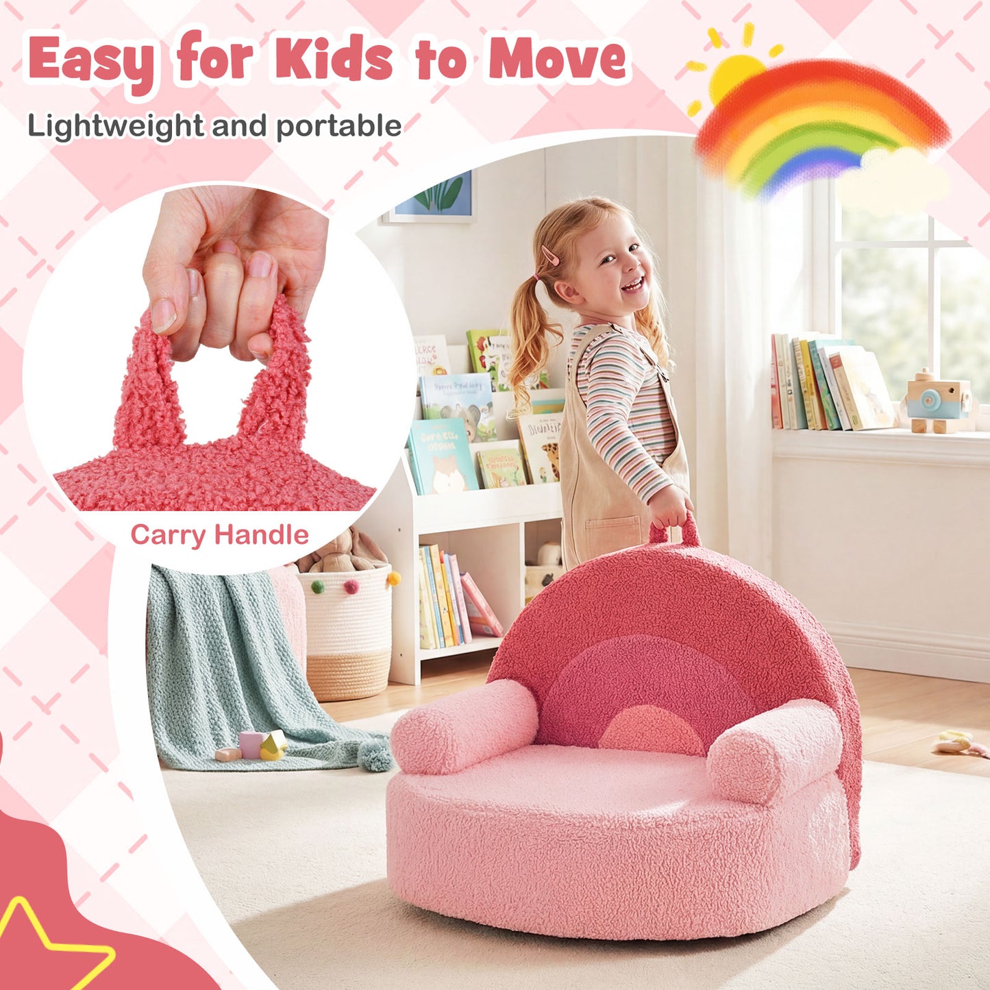 Pink Kids Foam Couch | Teddy Fleece Toddler Chair Portable