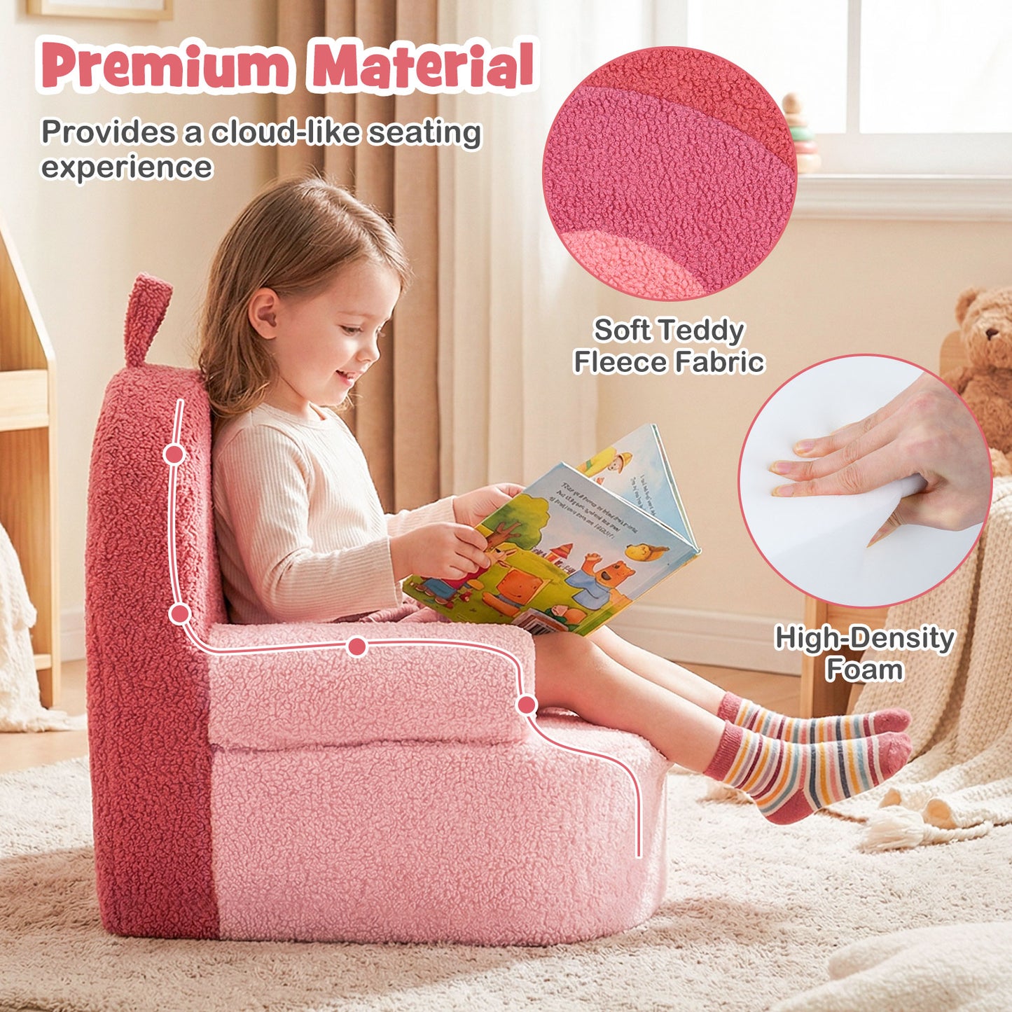 Pink Kids Foam Couch | Teddy Fleece Toddler Chair Portable