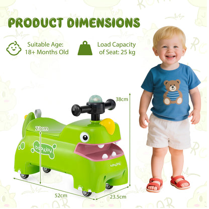 Green Dinosaur Ride On Toy | LED Lights Sounds Storage