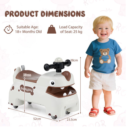 White Dinosaur Ride On Car | LED Lights Sounds Storage Toddler