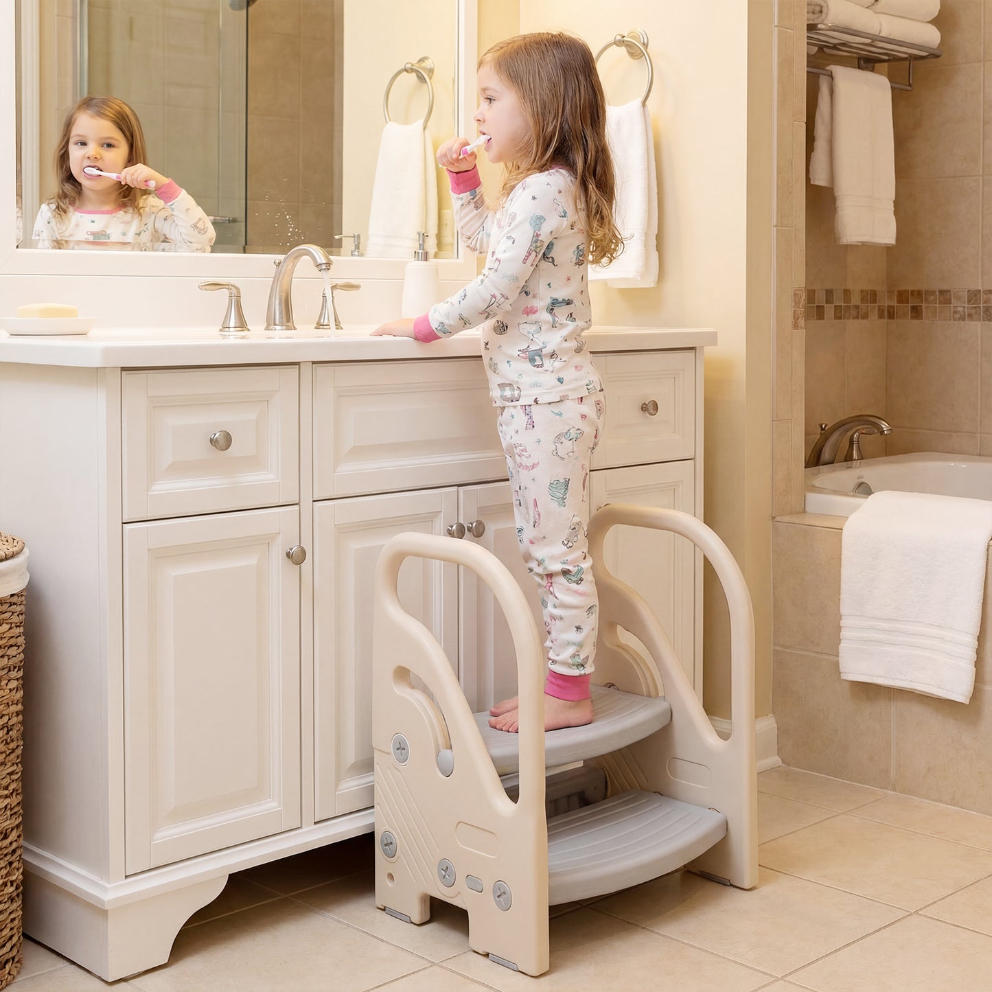 Costway Toddler Step Stool with Adjustable 2/3-Step and Safety Handles for Bedroom-Grey
