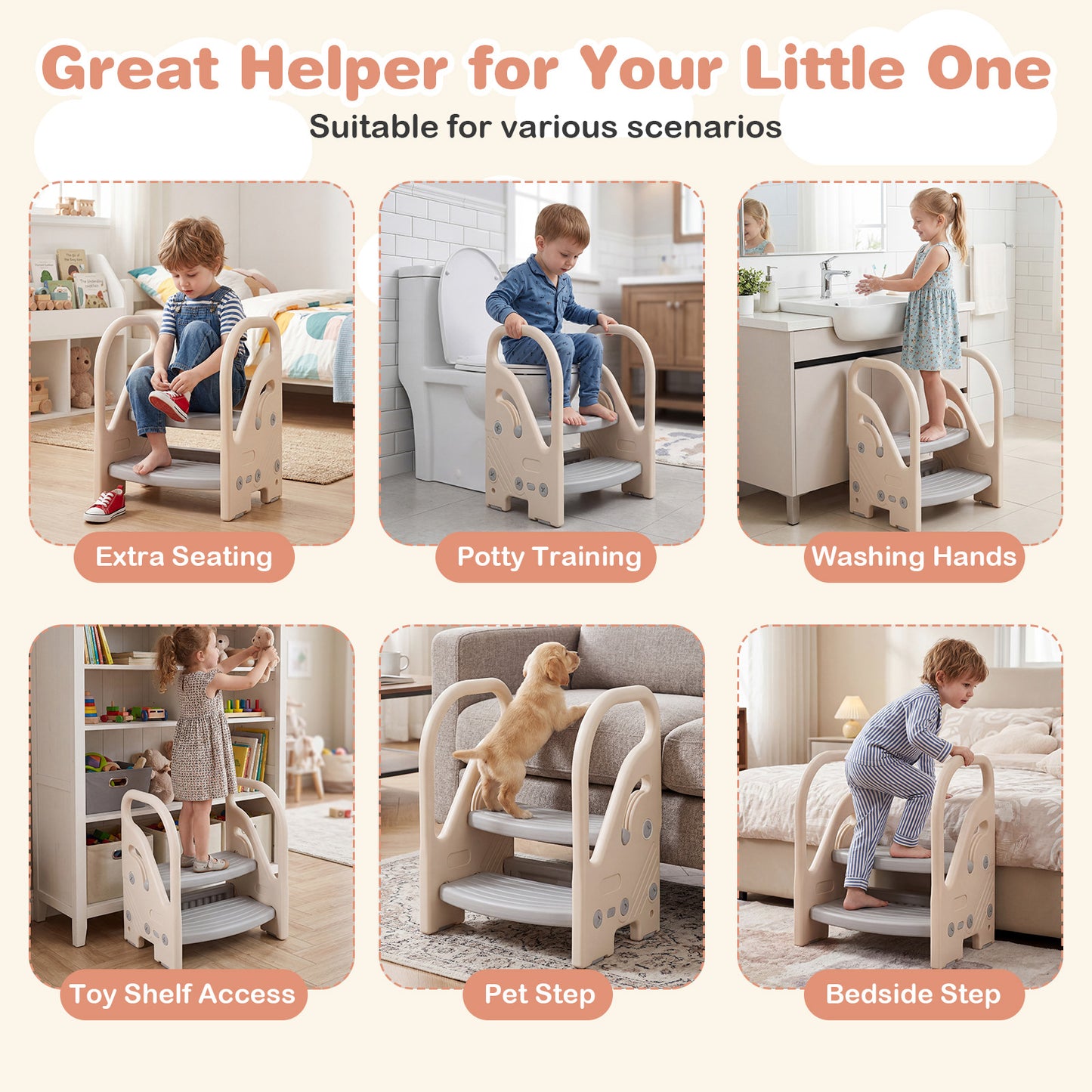 Grey Toddler Step Stool | Adjustable 2-in-1 with Handles