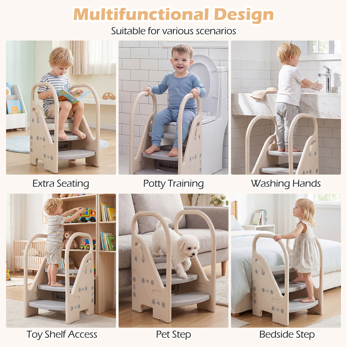 Grey Toddler Step Stool | Adjustable 2 or 3 Step with Handles