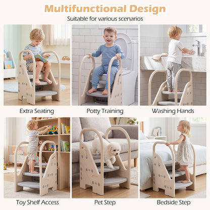 Grey Toddler Step Stool | Adjustable 2 or 3 Step with Handles