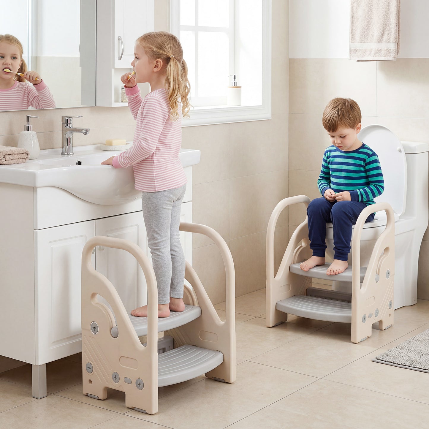 Grey Toddler Step Stool | Adjustable 2-in-1 with Handles
