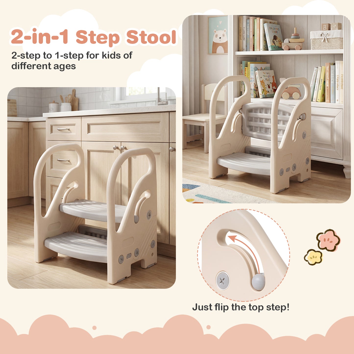 Grey Toddler Step Stool | Adjustable 2-in-1 with Handles