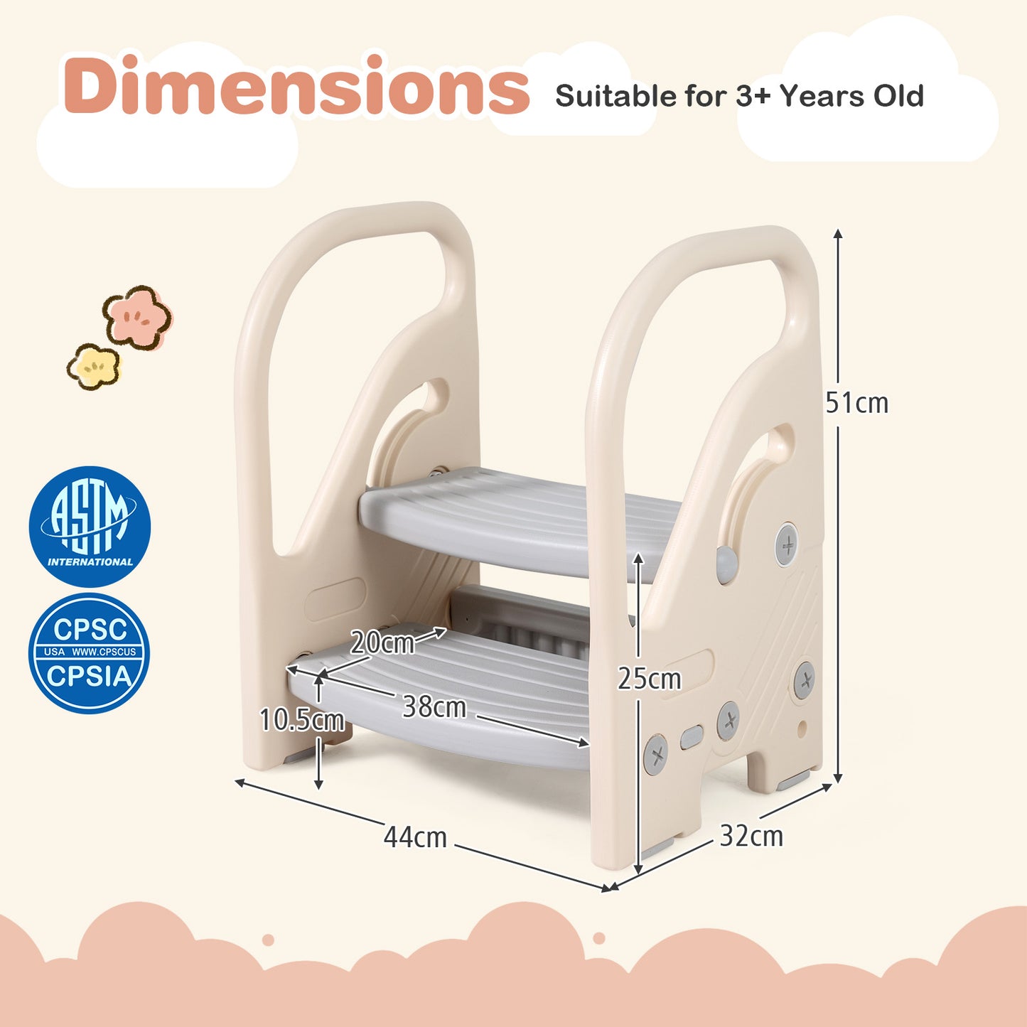 Grey Toddler Step Stool | Adjustable 2-in-1 with Handles