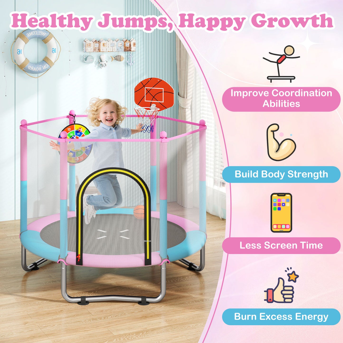 Macaron Toddler Trampoline | Pink Blue 3-in-1 Basketball Hoop