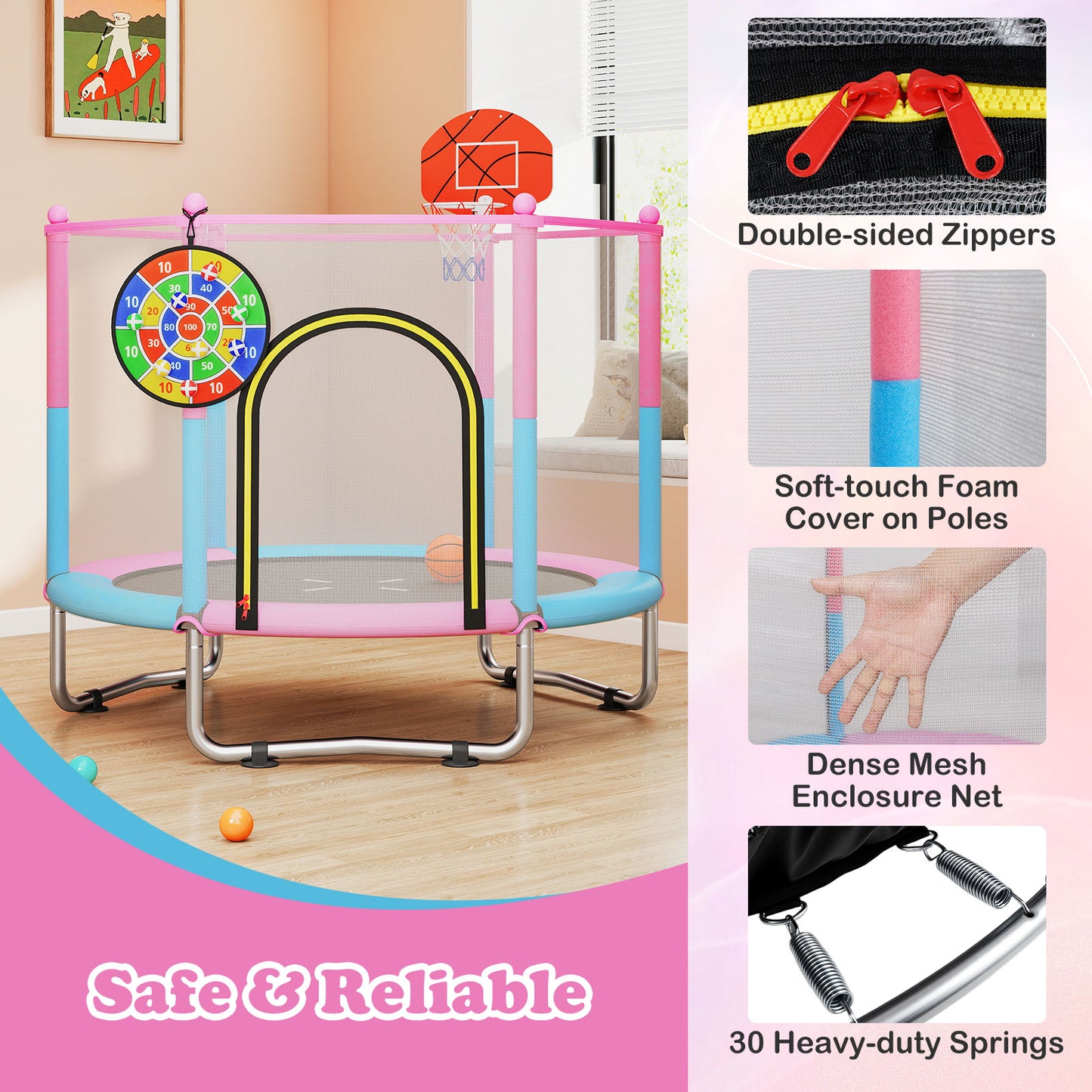 Macaron Toddler Trampoline | Pink Blue 3-in-1 Basketball Hoop