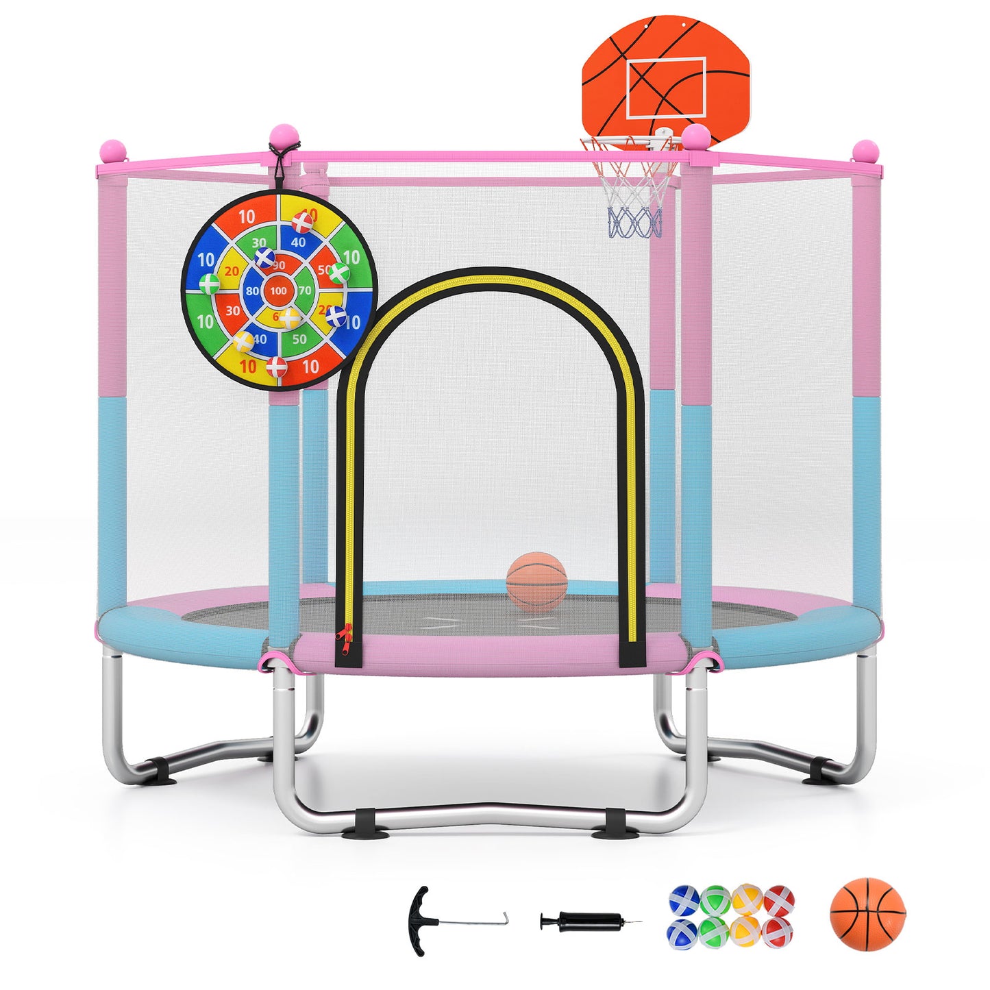 Macaron Toddler Trampoline | Pink Blue 3-in-1 Basketball Hoop