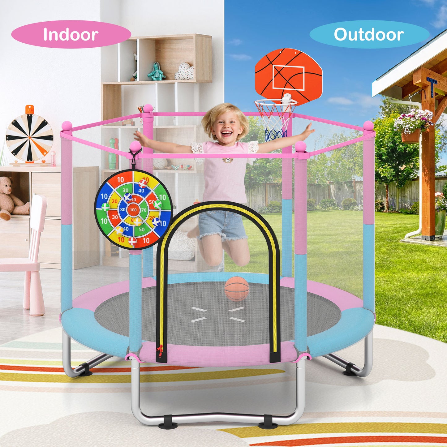 Macaron Toddler Trampoline | Pink Blue 3-in-1 Basketball Hoop