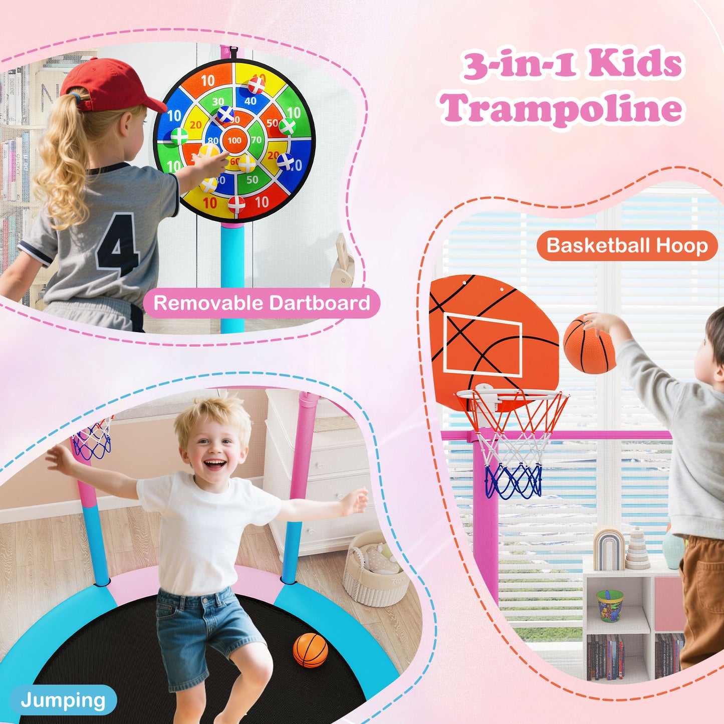 Macaron Toddler Trampoline | Pink Blue 3-in-1 Basketball Hoop
