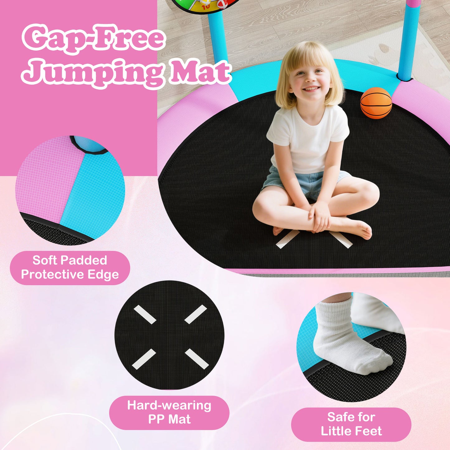 Macaron Toddler Trampoline | Pink Blue 3-in-1 Basketball Hoop
