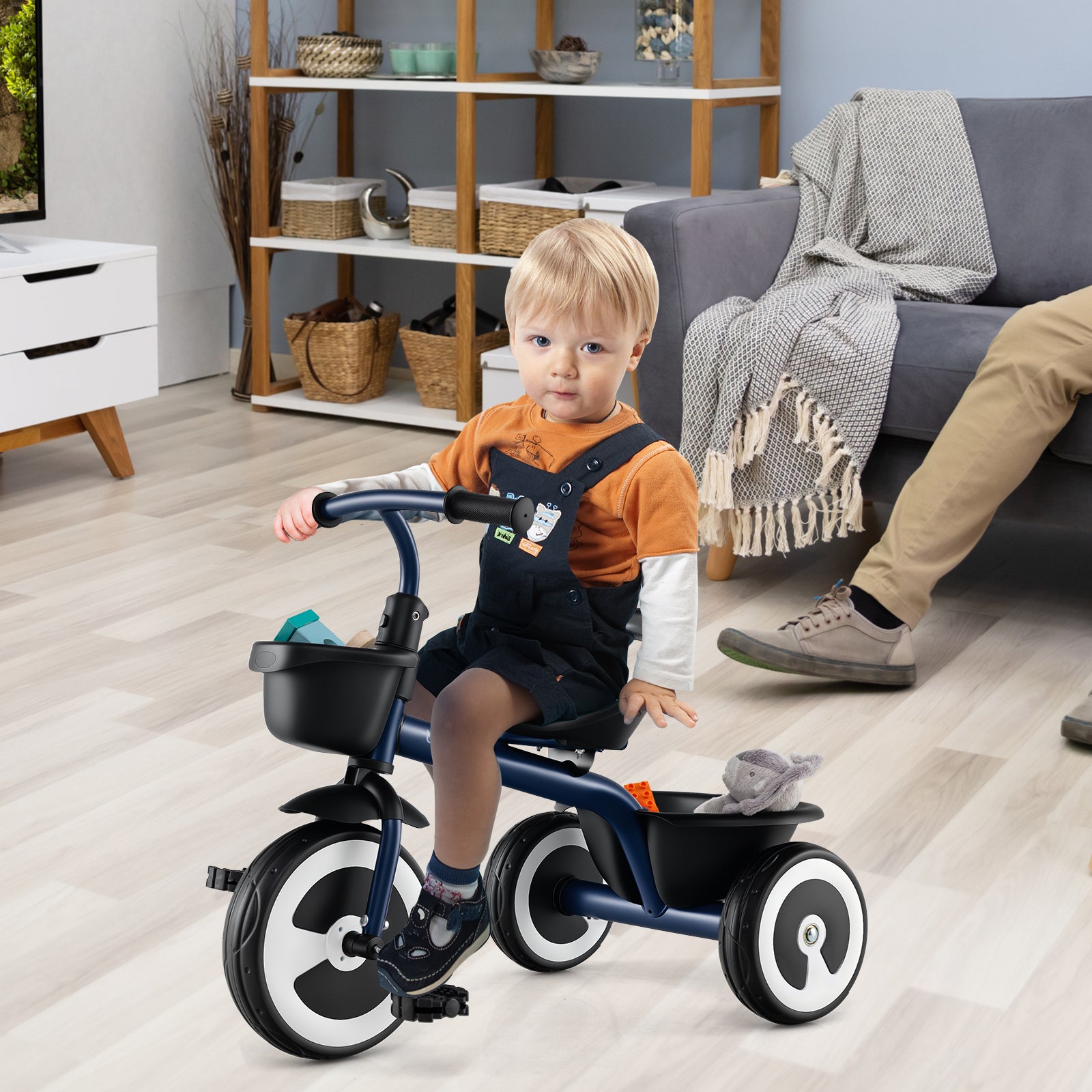 Toddler Tricycle with Adjustable Seat and Front Rear Storage Baskets for 1.5-5 Years Old-Navy
