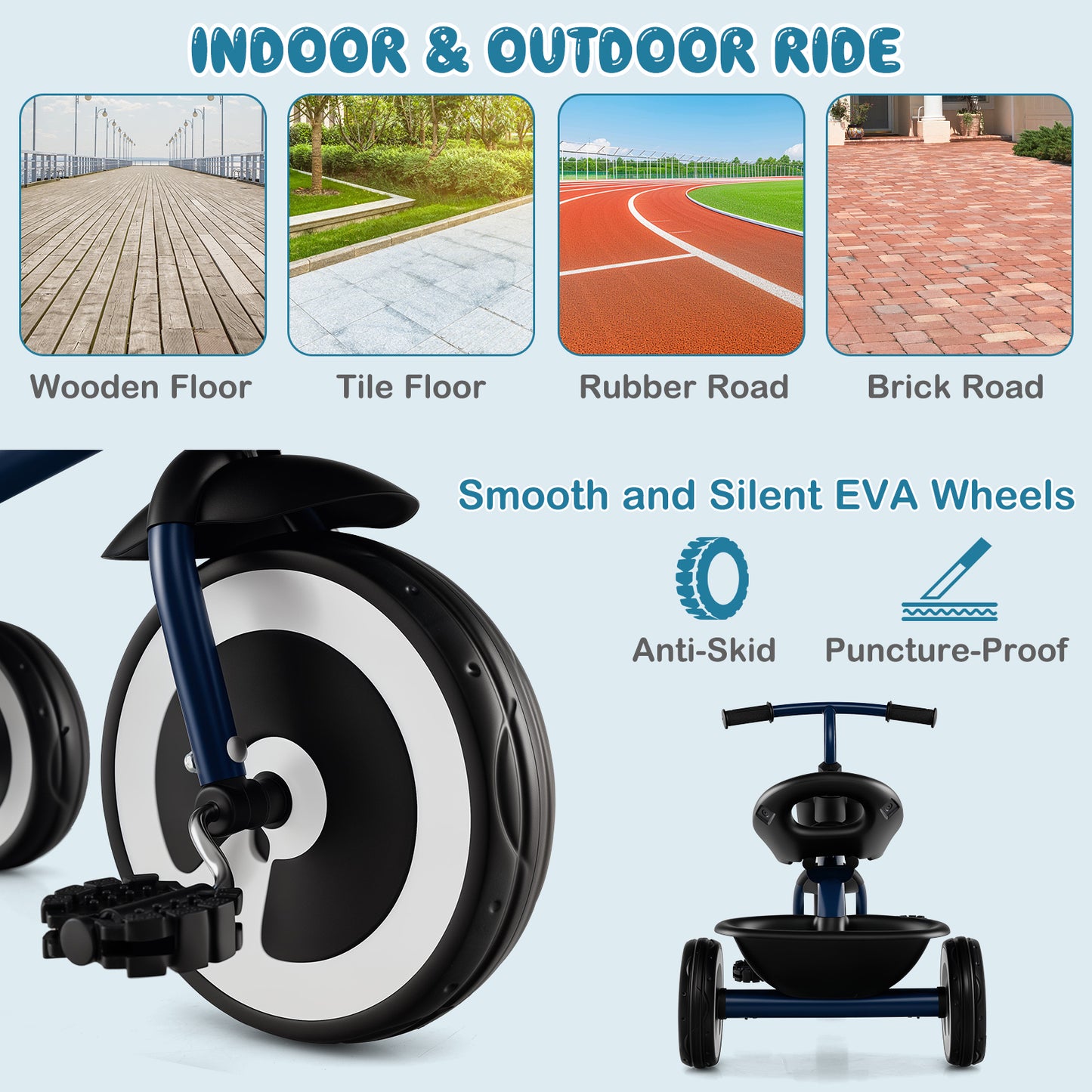 Navy Toddler Tricycle | Adjustable Seat | Front Rear Baskets