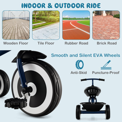 Navy Toddler Tricycle | Adjustable Seat | Front Rear Baskets