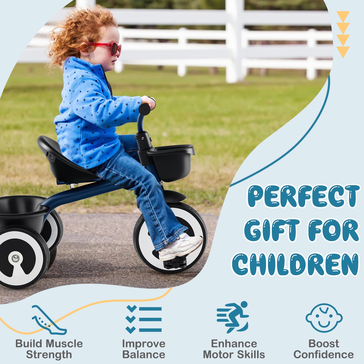 Navy Toddler Tricycle | Adjustable Seat | Front Rear Baskets