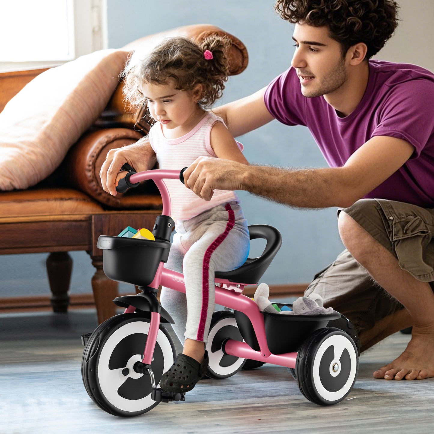 Toddler Tricycle with Adjustable Seat and Front Rear Storage Baskets for 1.5-5 Years Old-Pink