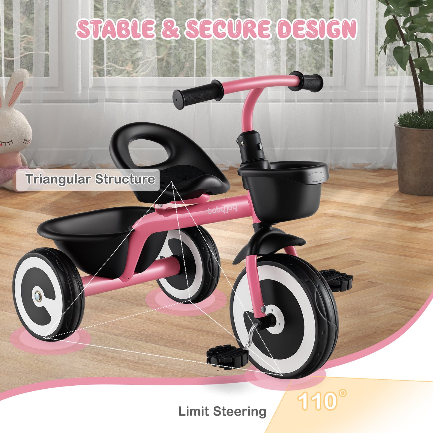 Pink Toddler Tricycle | Adjustable Seat | Storage Baskets